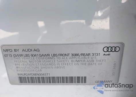2014 Audi A8 4.0T z USA, uszkodzony, nr VIN WAUR2AFD8EN004371